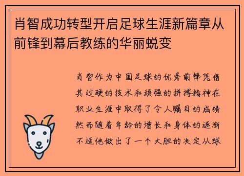 肖智成功转型开启足球生涯新篇章从前锋到幕后教练的华丽蜕变